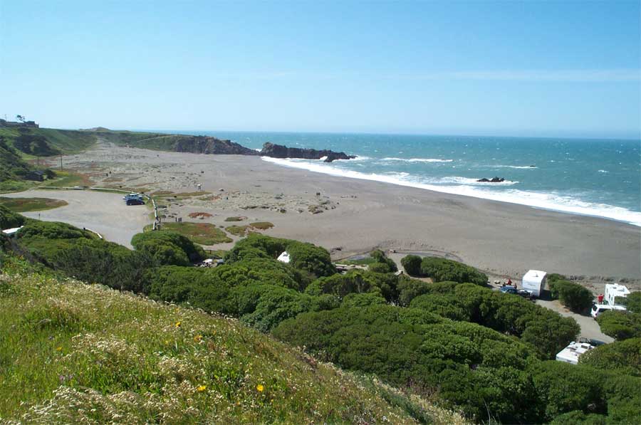 Wrights Beach and a portion of the campground area with Death Rock in the background