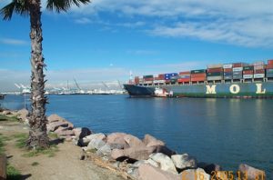 Container ship entering the main channel of LA Harbor